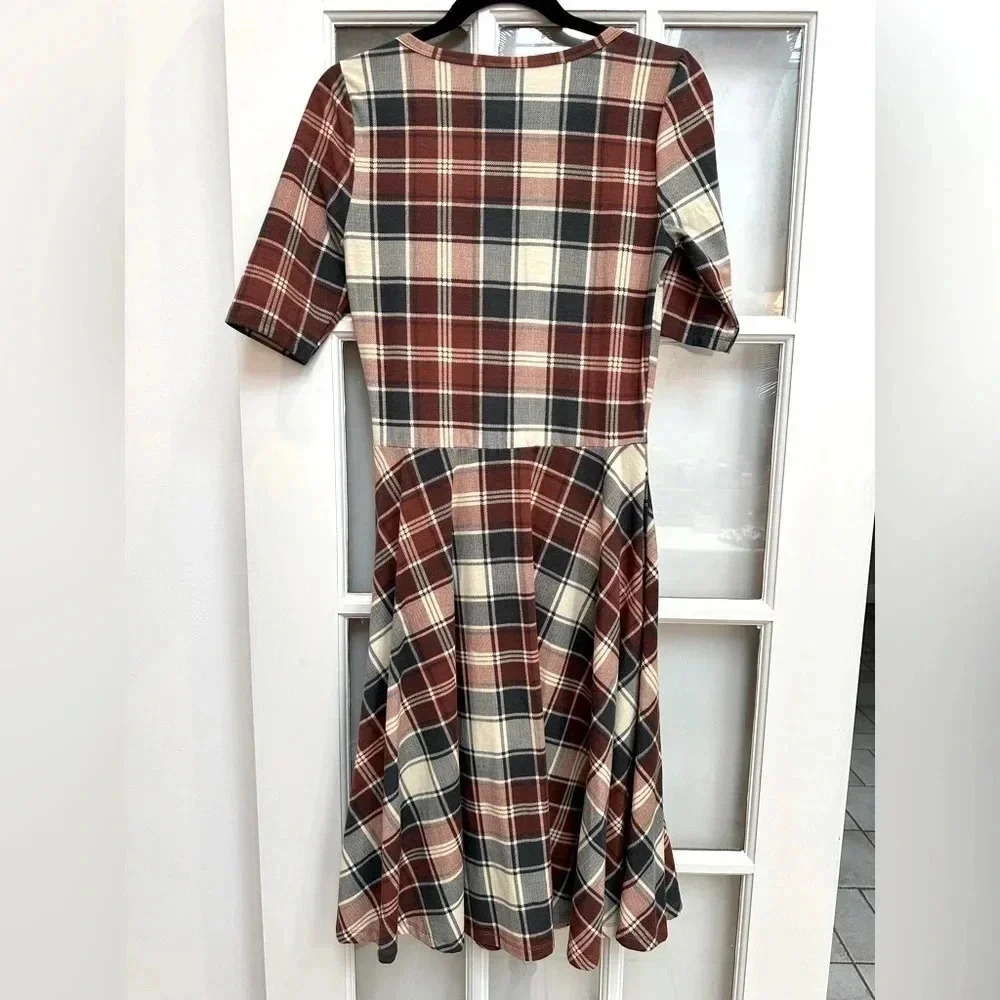 LuLaRoe | Fit & Flare Nicole Blue Cream Burgundy Plaid Dress Size S Small - Picture 8 of 8